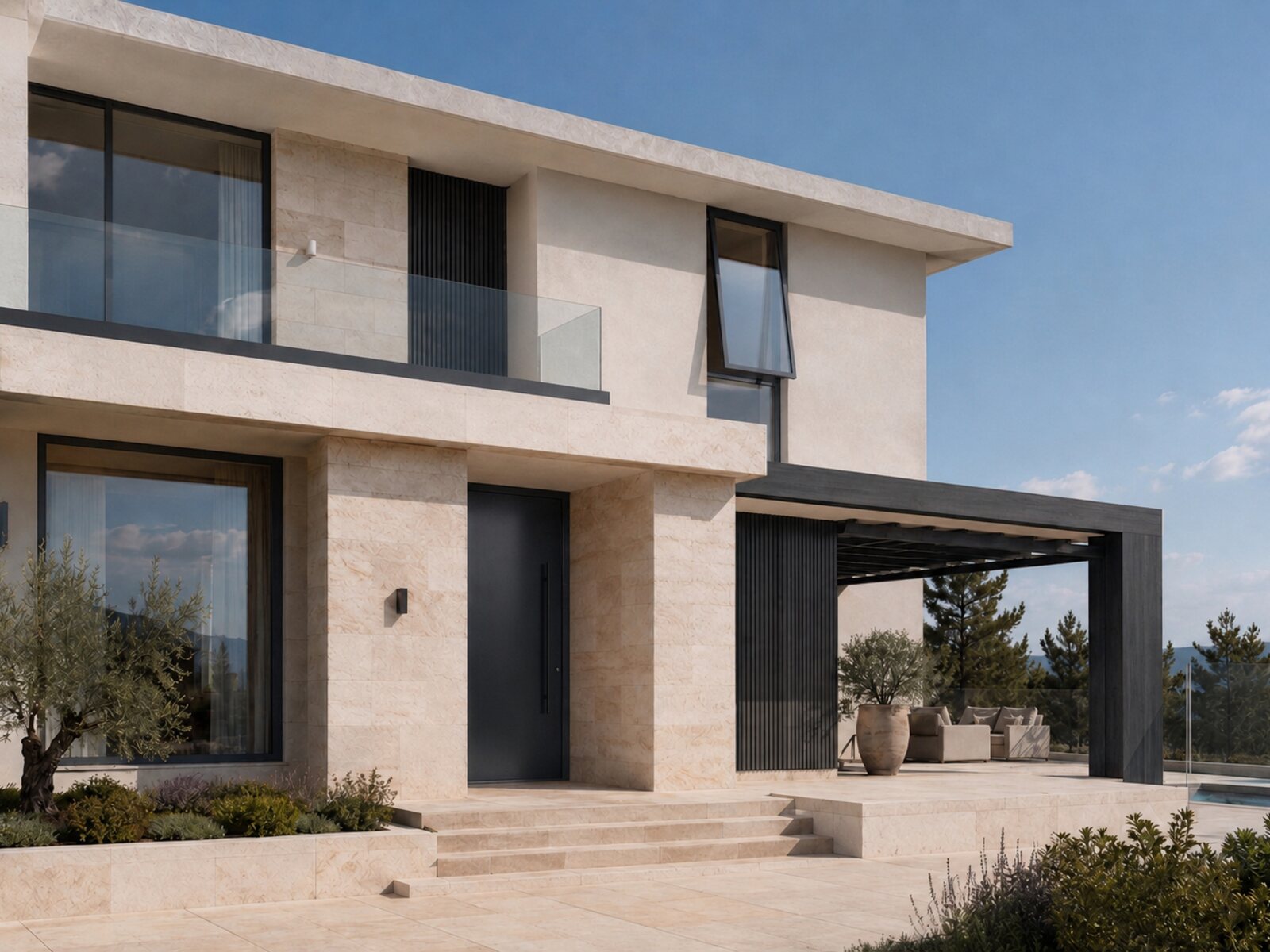 Modern house with aluminum windows in winter